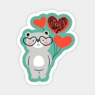 Grey Bear Black Glasses Pink Balloons Happy Valentine's Day Magnet