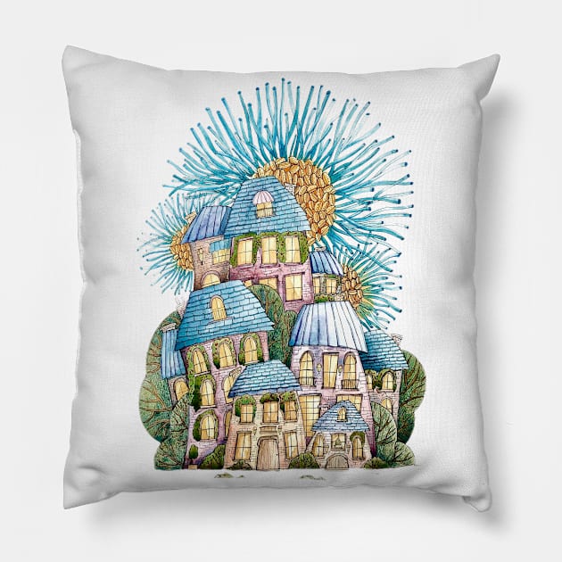 Whimsical Houses Abstract Pillow by amyliafaizalart