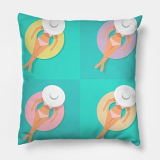 Woman with hat floating on rubber ring collage Pillow