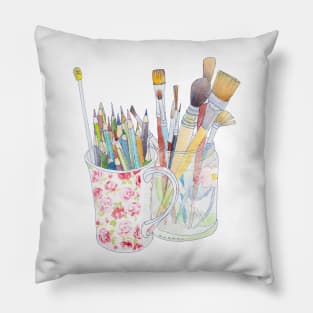 Art Tools - pencils & brushes in a jar & cup Pillow