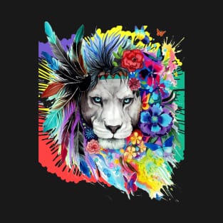 Lion Face Modern Aztec Colourfur Artwork T-Shirt