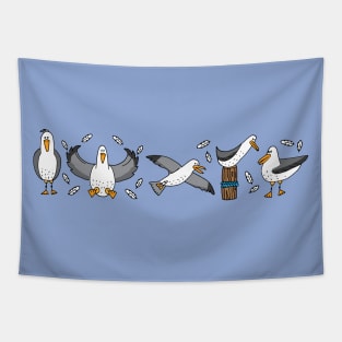 Funny Flock of Seagulls Illustration Tapestry