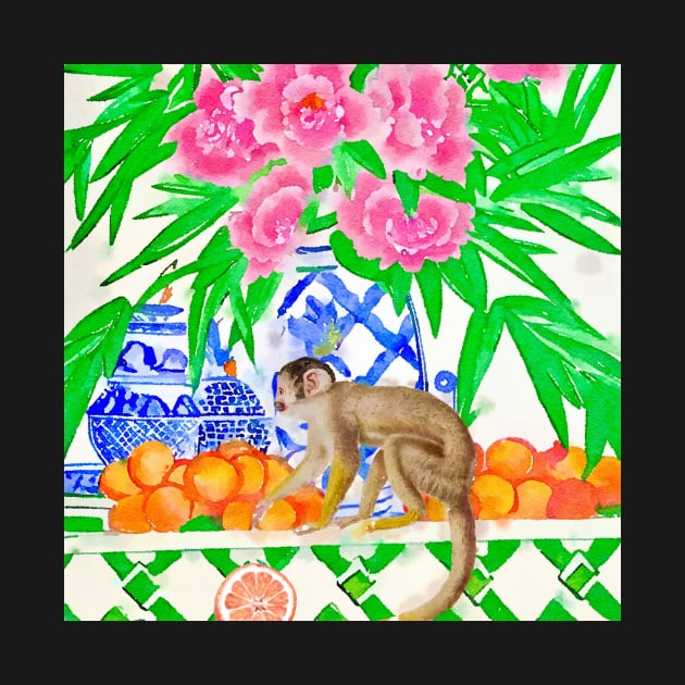 Monkey stealing oranges watercolor by SophieClimaArt
