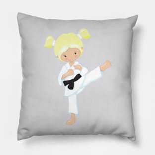 Karate Girl, Cute Girl, Blonde Hair, Black Belt Pillow