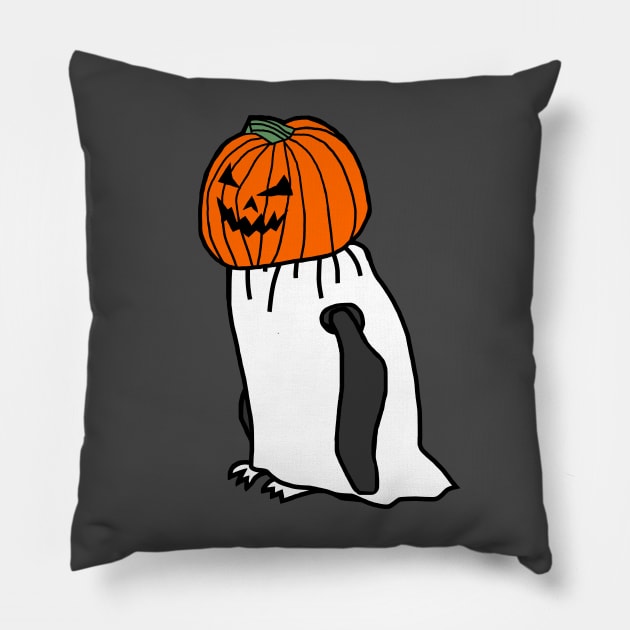 Penguin Wearing Halloween Horror Pumpkin Ghost Costume Pillow by ellenhenryart