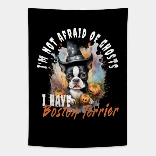 Boston Terrier Dog Ghost Guardian Vintage Halloween Funny Tapestry