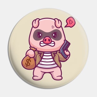 Cute Pig Thief Holding Money And Gun Cartoon Pin