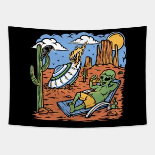 Funny Stranded Alien Eating Pizza // UFO Flying Saucer Crash Tapestry