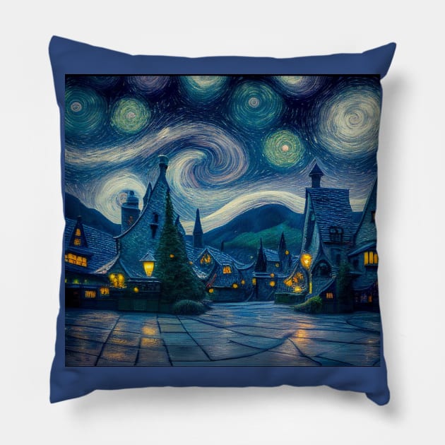 Starry Night Over Hogsmeade Village Pillow by Grassroots Green