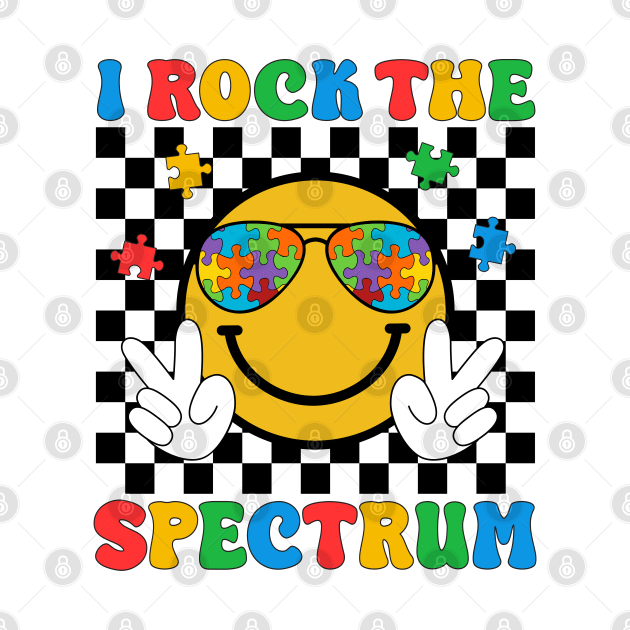 I Rock The Spectrum Groovy Hippie Smile Face Cool Autism Awareness Month Day Cute Women Men Boys Girls Kids by weirdboy