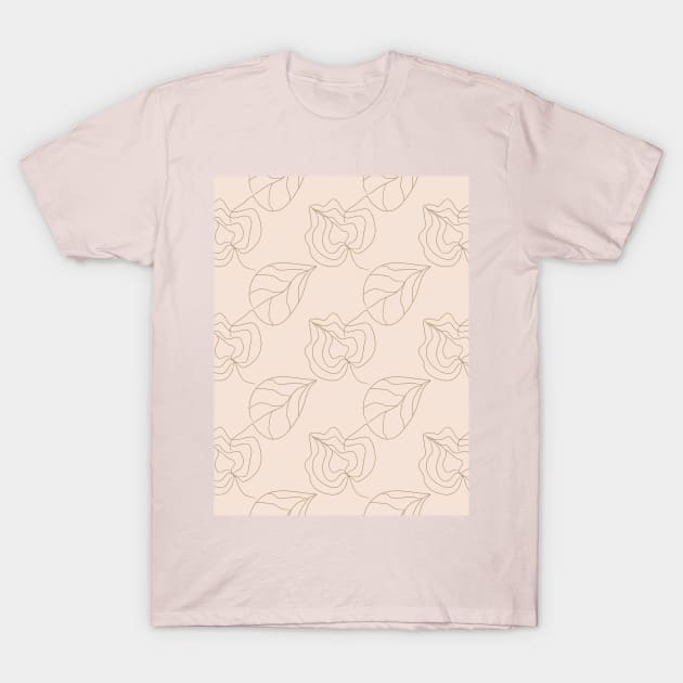 Brown contours of flowers and leaves on a beige background. Refined lines,  plants, silhouettes - Pattern - T-Shirt