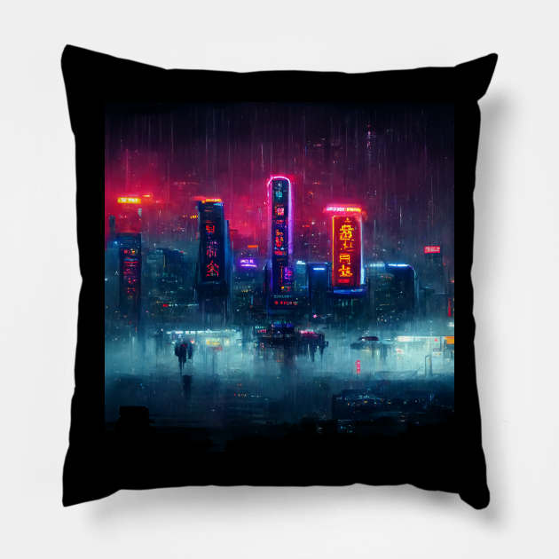 Fluxion - Cyberpunk Cityscape Skyline Pillow by ArkMinted