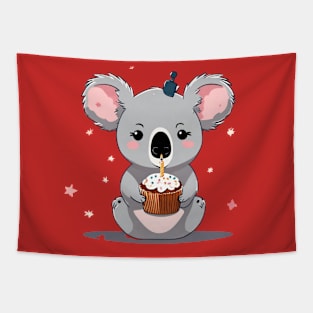 Cute Koala girl holding a birthday muffin with a candle,.Vector flat illustration Tapestry