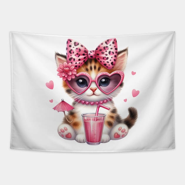 Valentine Cat Drinking Ice Cream Tapestry by Chromatic Fusion Studio