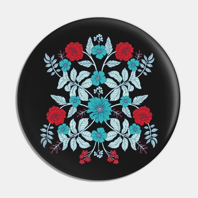 Red, Turquoise and Navy Blue Floral Pin by somecallmebeth