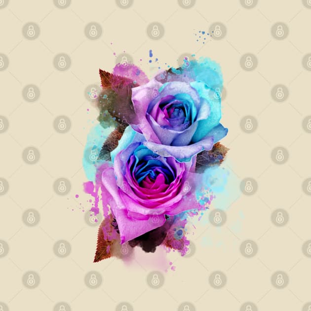 Blue and pink watercolour rainbow roses by Blacklinesw9