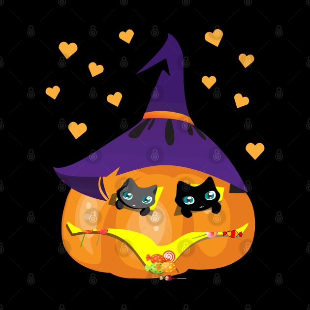 Halloween Black and Gray Cat in a Pumpkin House with Sweets by K0tK0tu