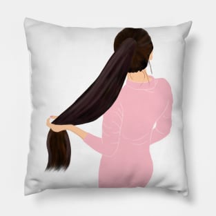 Cute Girl hiding face holding pony tail Pillow