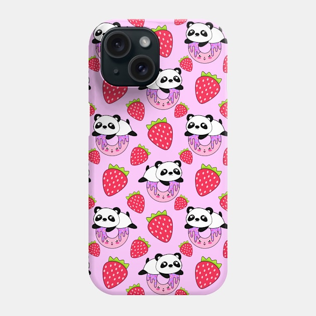 Cute funny sweet adorable playful little baby panda bears, yummy pink Kawaii donuts with sprinkles and red juicy summer strawberries cartoon light pastel pattern design Phone Case by IvyArtistic