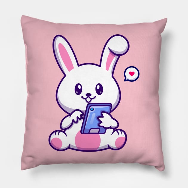 Cute Rabbit Playing Phone Cartoon Pillow by Catalyst Labs