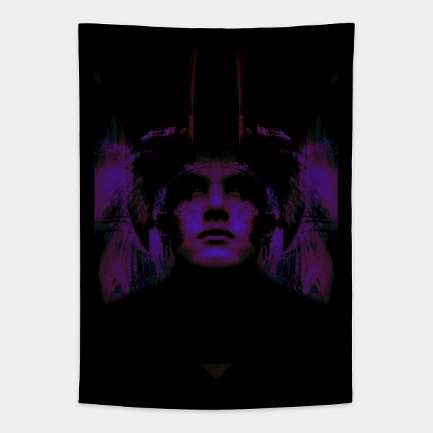 Portrait, digital collage, special processing. Dark, strong. Guy face looking up high. Fantasy. Violet and blue, sci-fi. Tapestry by 234TeeUser234