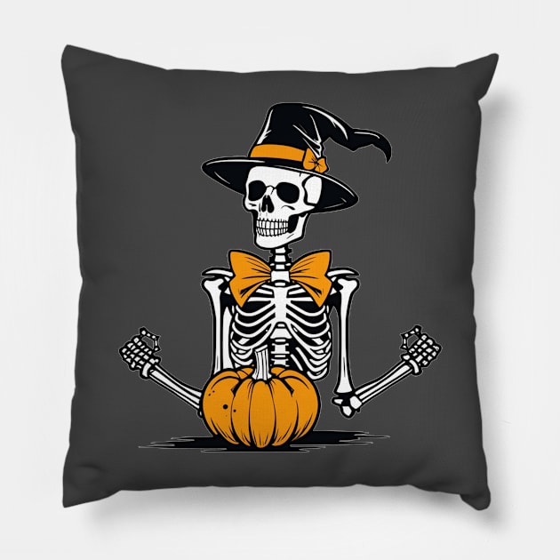 Skeleton pumpkin party Halloween design Pillow by Edgi