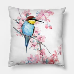 Bee Eater adn Spring Blossom, Turquoise Pink Mild Colors Pillow