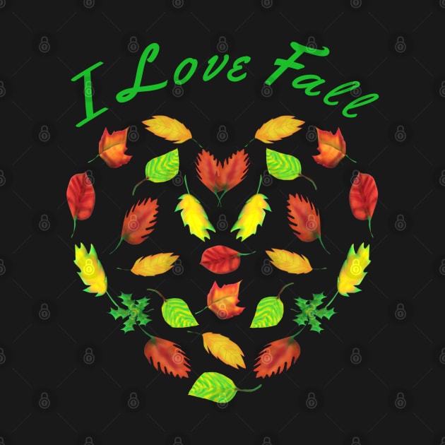 I Love Fall. Heart Made of Autumn Leaves for Nature Lovers. (Black Background) by Art By LM Designs 