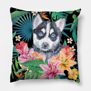 Tropical Black White Husky Puppy 13 Pillow