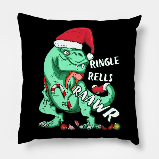 Funny Holiday T-Rex RINGLE RELLS RAAWR Christmas Gift Pillow by Dibble Dabble Designs
