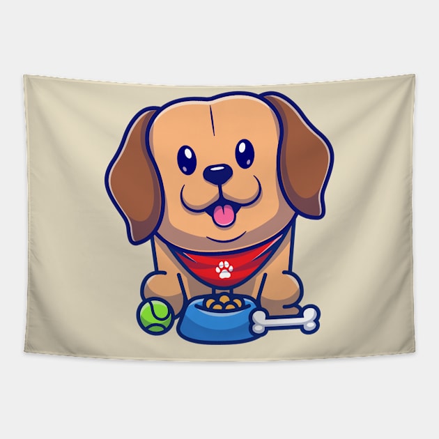 Cute Labrador Dog With Food And Ball Cartoon Tapestry by Catalyst Labs