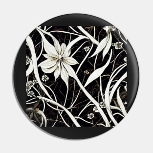 Black and White Vintage Floral Cottagecore Romantic Flower Peony Rose Leaf Design Pin