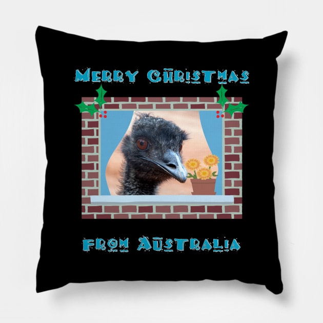 Merry Christmas from Australia with Emu in Window Pillow by karenmcfarland13