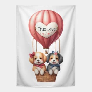 Valentine Dog Couple On Hot Air Balloon Tapestry