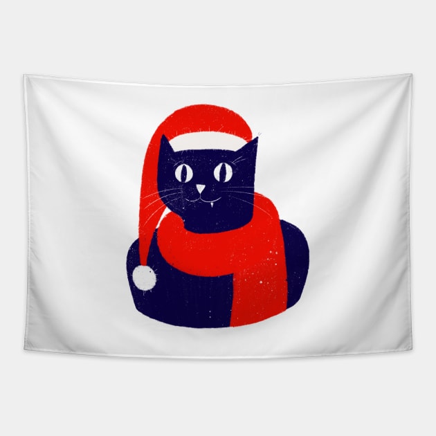 Blue cat Christmas hat Tapestry by iulistration