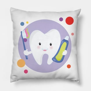 Clean Teeth With Smiling Happy Kawaii Cute Tooth Holding Toothpaste And Toothbrush Pillow