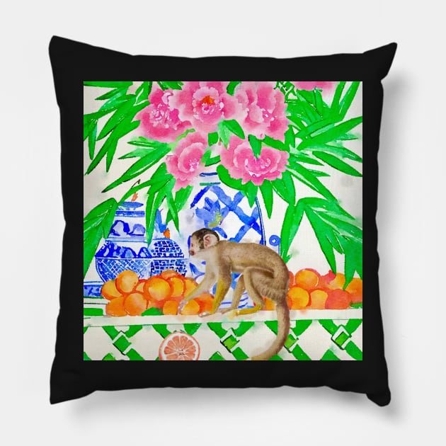 Monkey stealing oranges watercolor Pillow by SophieClimaArt