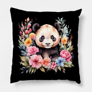 A panda bear decorated with beautiful watercolor flowers Pillow