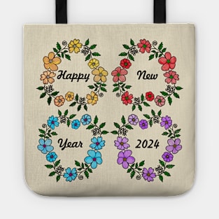 HAPPY NEW YEAR 2024 WITH FLOWERS WREATHS Tote