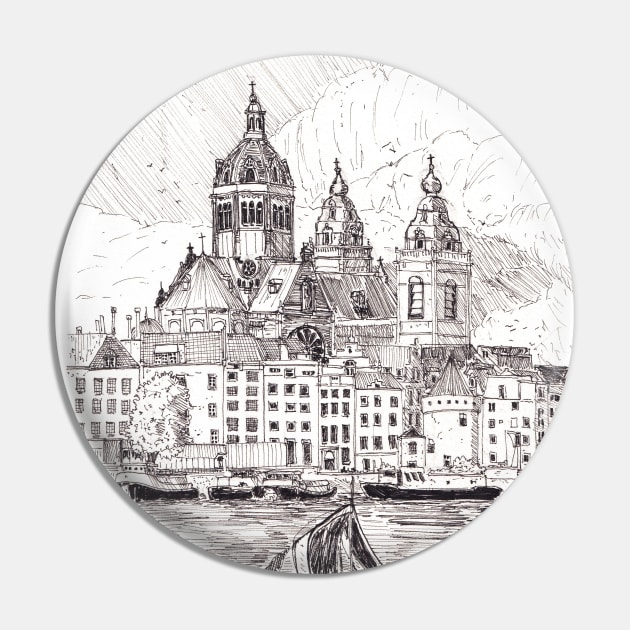 Saint Nicholas Basilica Cathedral Amsterdam City Netherlands Travel Art Pin by Wall-Art-Sketch