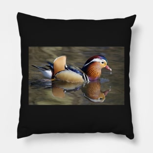 Mandarin duck on water with reflection Pillow