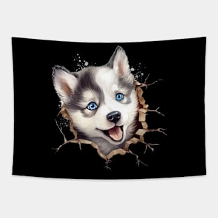 Cute Adorable Husky Puppy Breaking Through Wall Tapestry