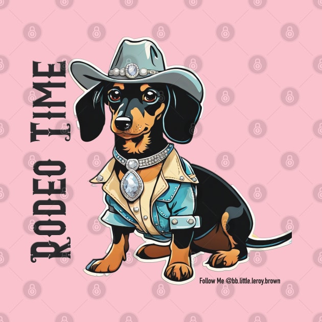 RODEO TIME (Black and tan dachshund wearing blue cowboy hat) by Long-N-Short-Shop