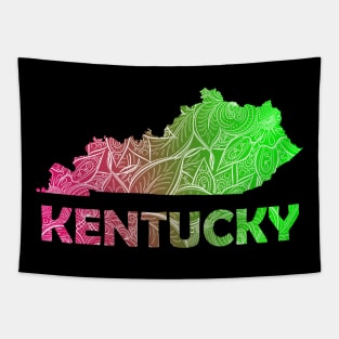 Colorful mandala art map of Kentucky with text in pink and green Tapestry