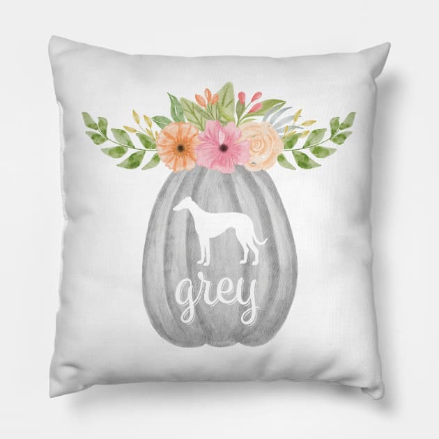 Greyhound Grey Pumpkin with Fall Flowers Pillow by Houndie Love