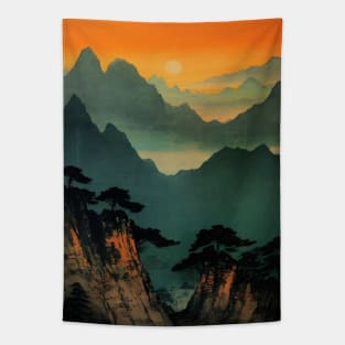 Japanese Landscape Sunset Vintage Tapestry