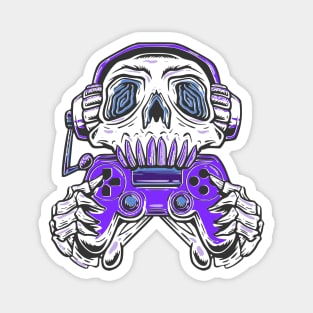A skull gamer holding a  purple joystick controller and wearing headphone. Magnet