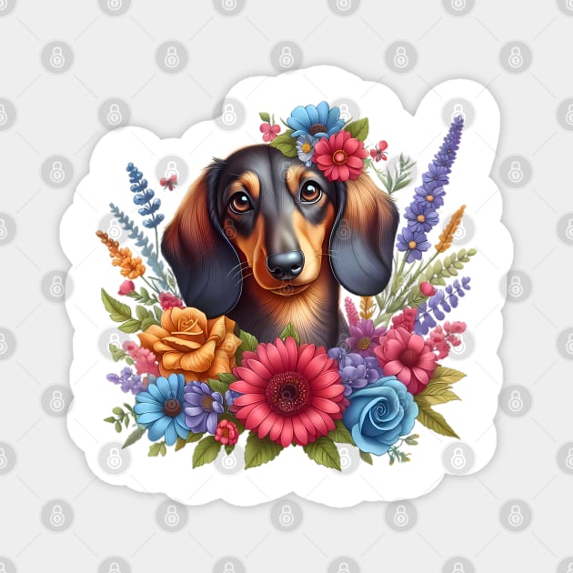 A dachshund with beautiful colorful flowers Magnet by CreativeSparkzz