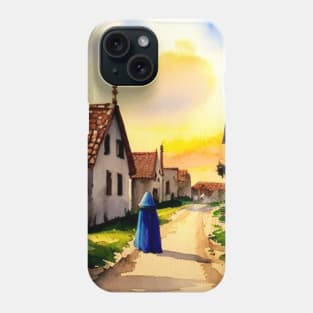 A blue-cloaked figure walking in a medieval village Phone Case