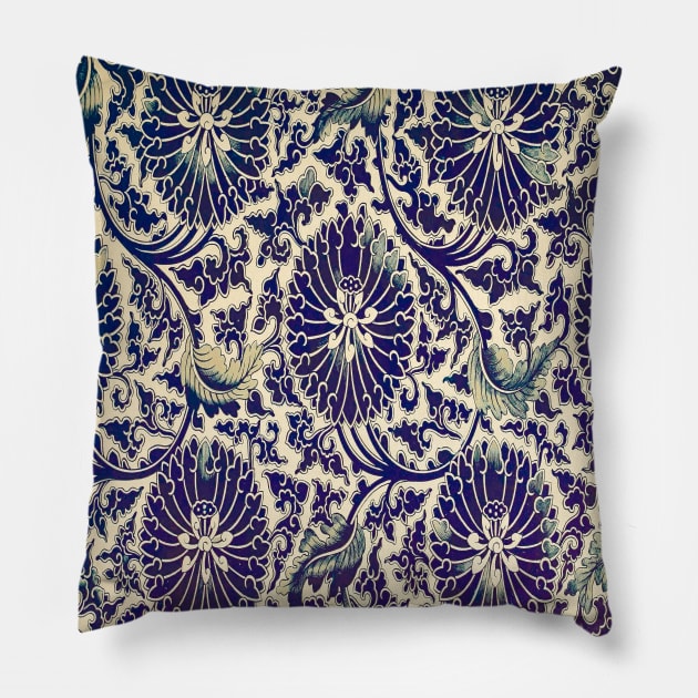 blue main color printed images that are based on vintage floral and geometric motifs, can be used in decorating fabrics and coverings in fashion Pillow by Marccelus